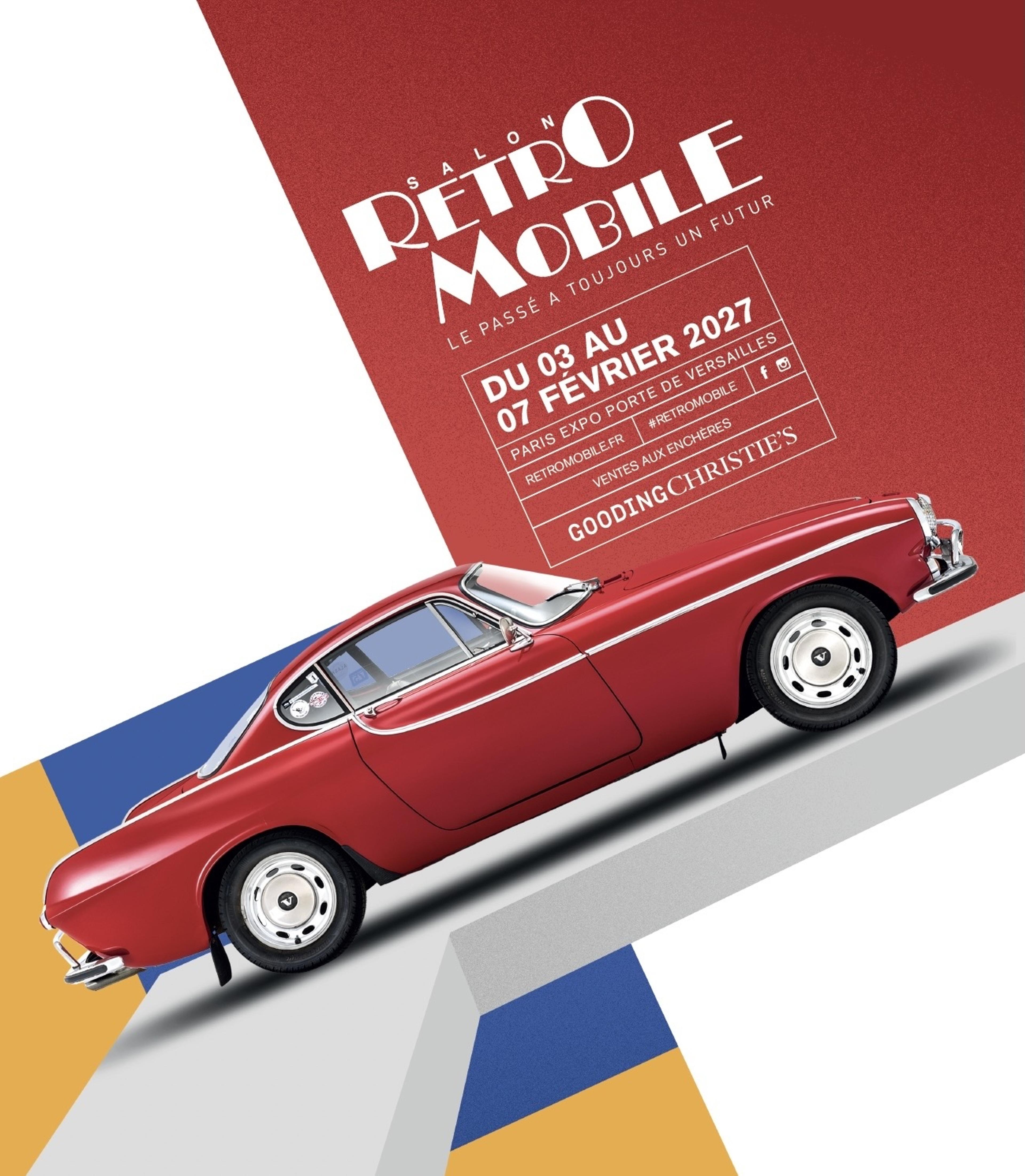 Affiche du salon Rétromobile 2027 : une Volvo P1800 rouge sur fond rouge, bleu et jaune, du 3 au 7 février à Paris Expo Porte de Versailles