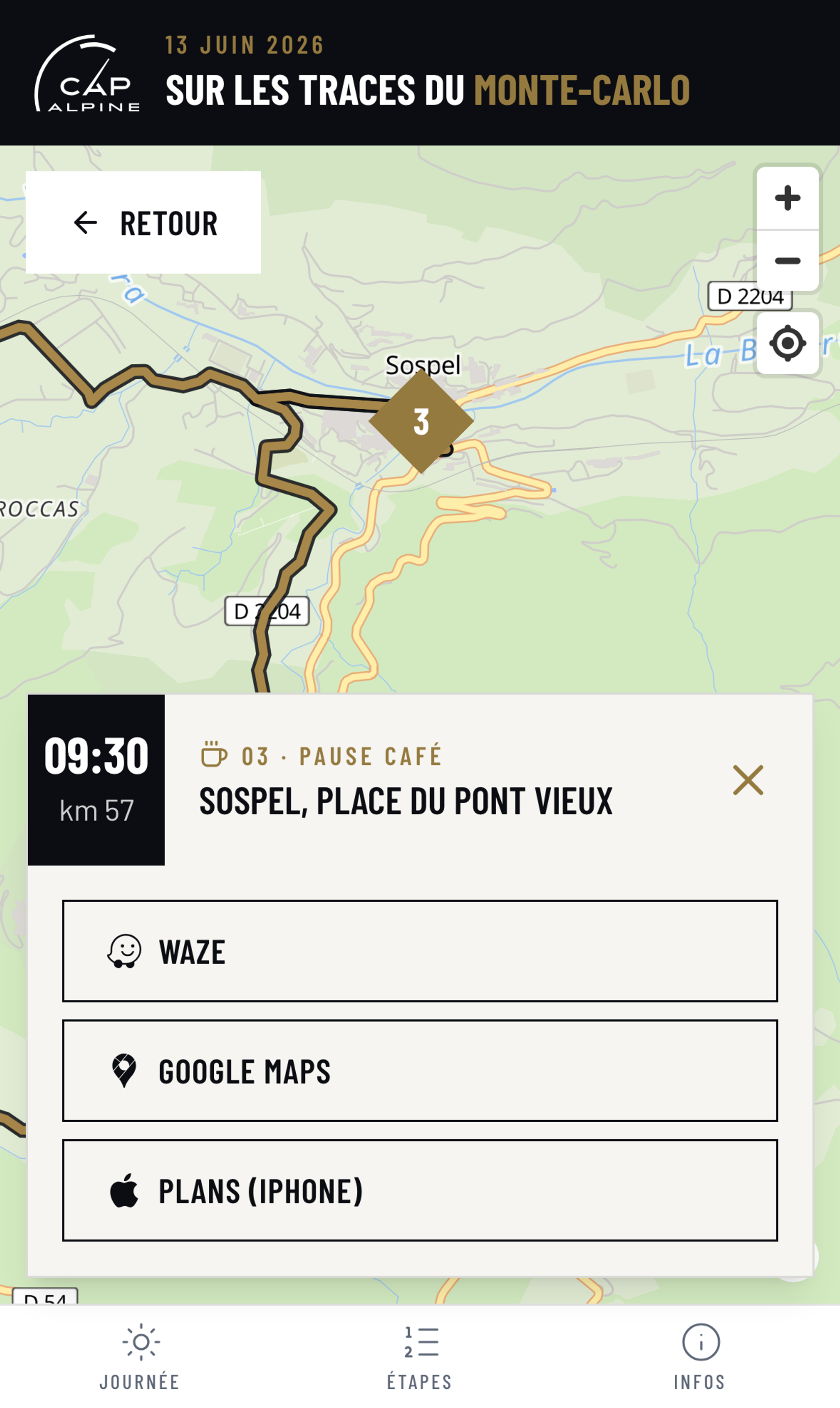 Le roadbook du club ouvert sur un téléphone : la liste des arrêts et la carte.