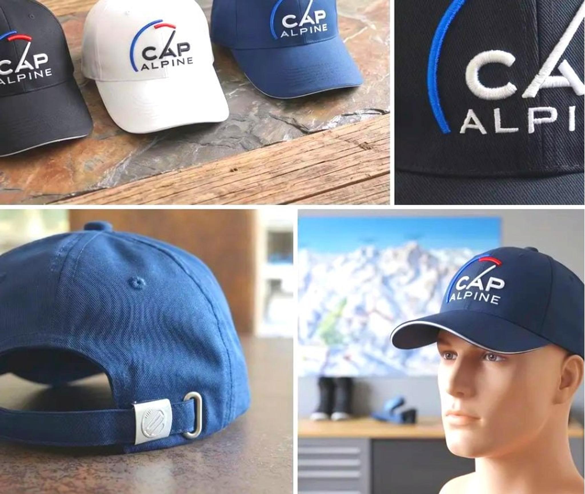 Casquettes CapAlpine noire, blanche et bleue, détail de la broderie, de la patte de réglage et casquette portée