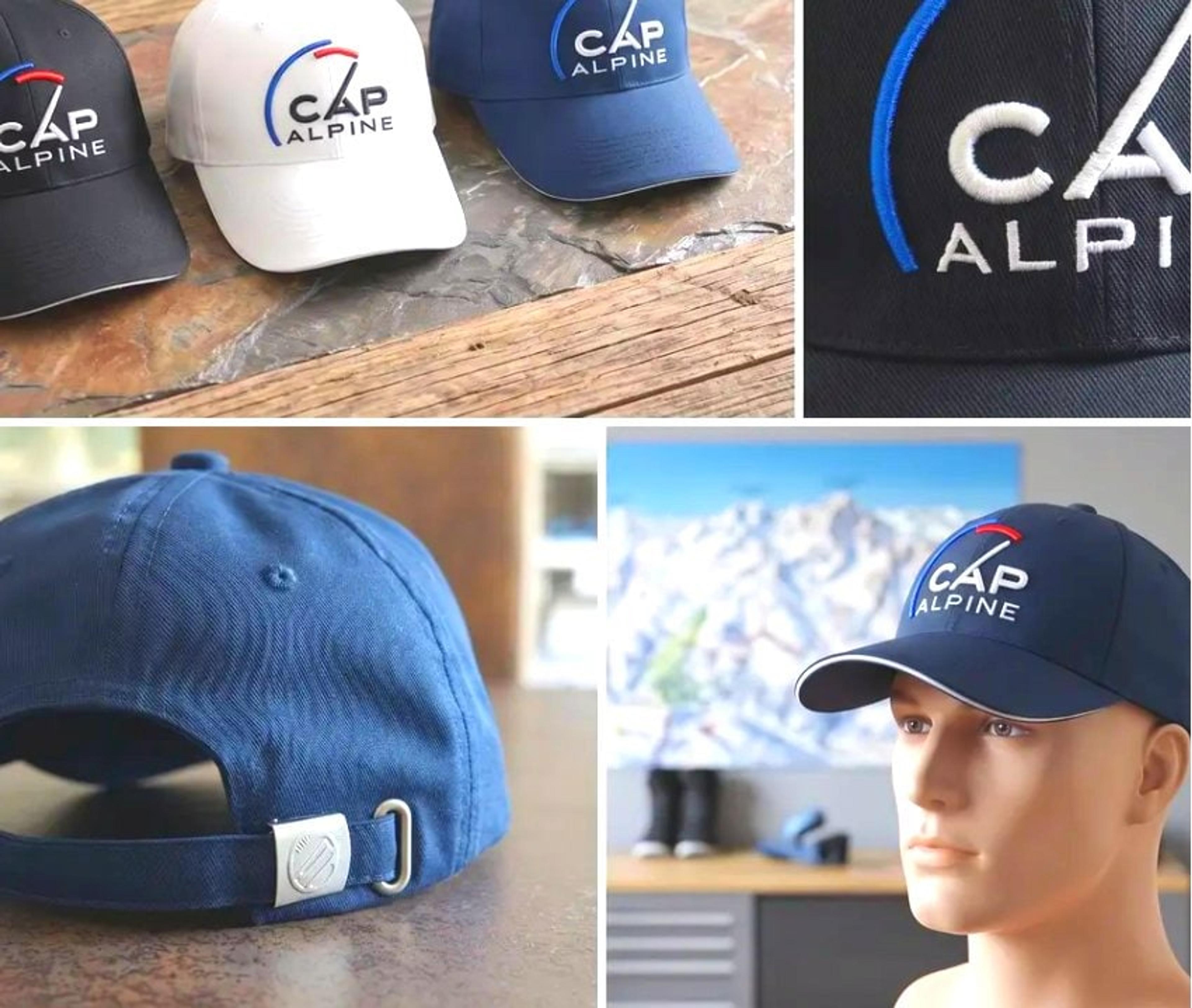 Casquettes CapAlpine noire, blanche et bleue, détail de la broderie, de la patte de réglage et casquette portée