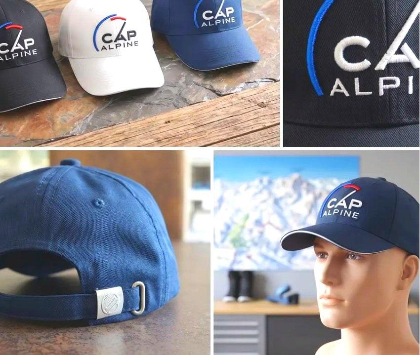 Casquettes CapAlpine noire, blanche et bleue, détail de la broderie, de la patte de réglage et casquette portée